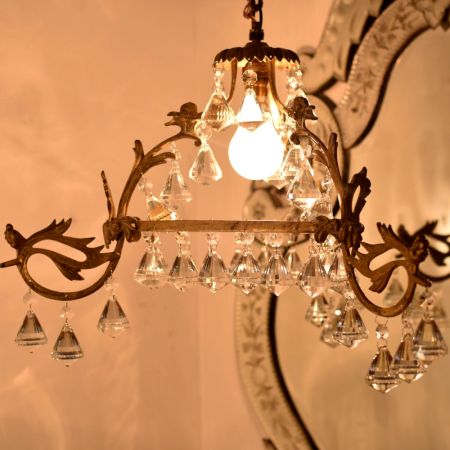 Vintage Italian Style Brass Enameled Chandelier with Faceted Diamond Crystal Drops